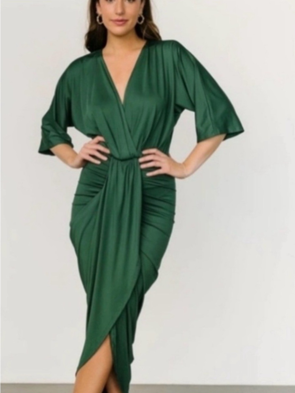 Elegant Green Draped Midi Dress - V-Neck Ruched Style XL